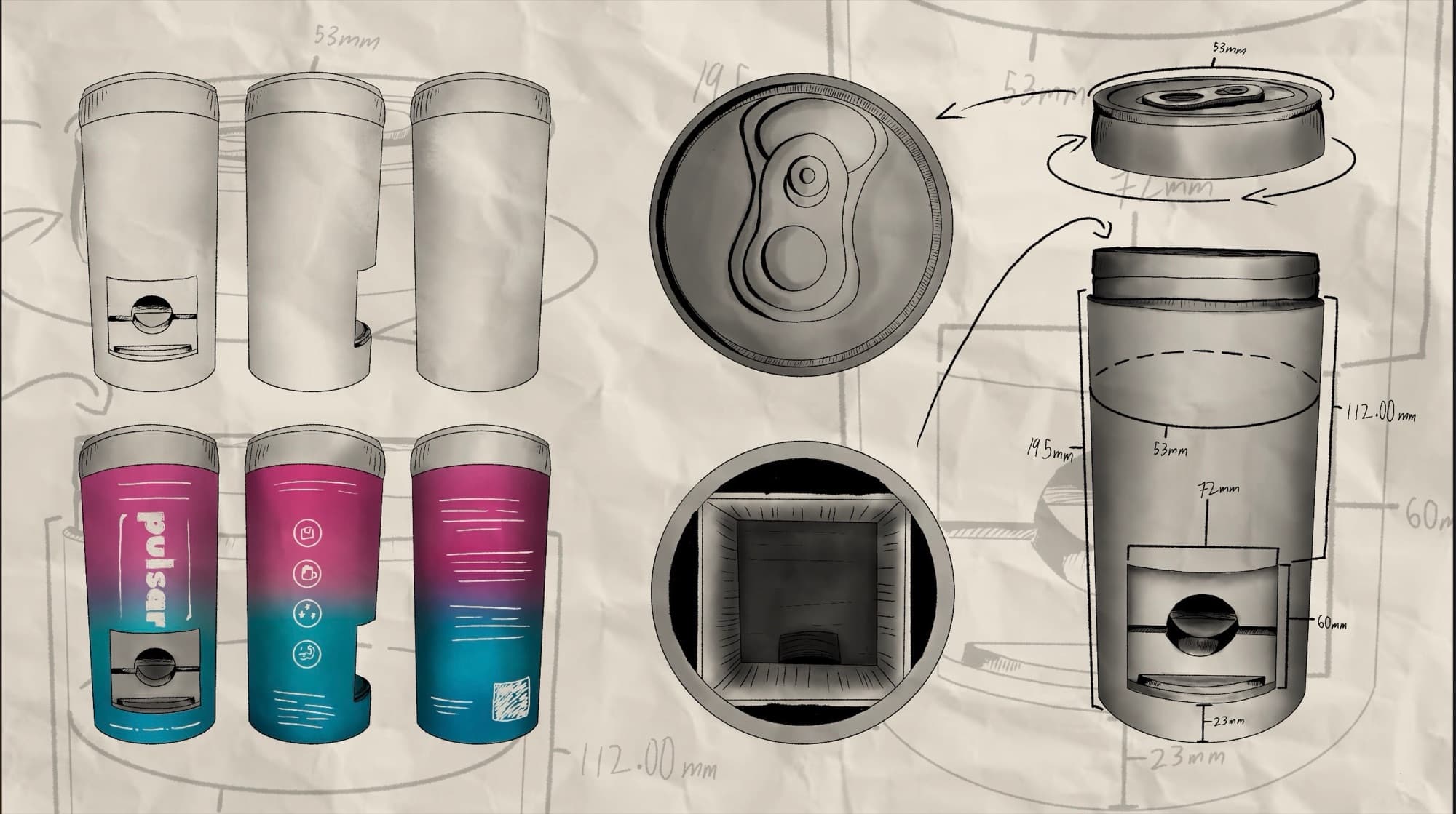 Prototype art — dimensions, dispenser, and screw-off refill